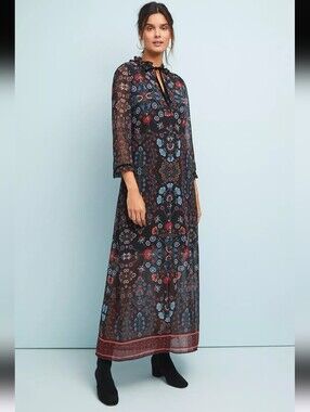 Anthropologie LAIA Camila Floral Maxi Dress Boho Black Multi-colored Size XL